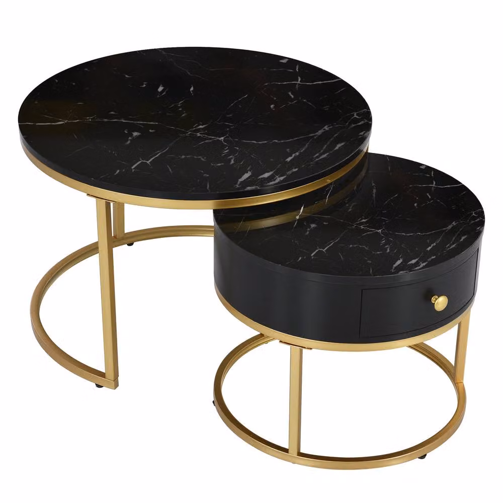 Rolipo Set of 2 Round Nesting Coffee Tables with Black Marble Effect Tops and Gold Metal Frames – 6