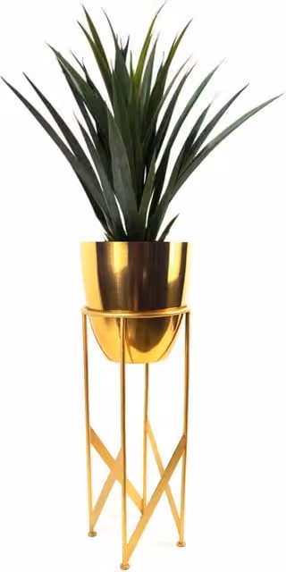 Modern Artificial Yukka Green Plant with Gold Metal Planter and Stand