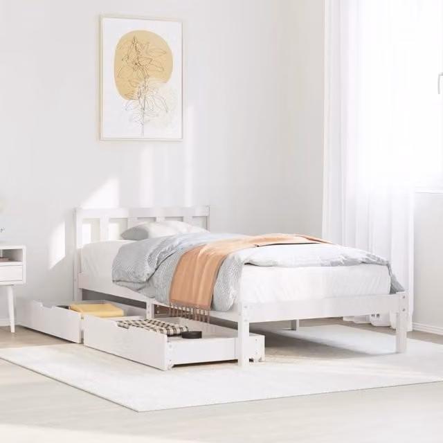Berkfield Home Single Solid Wood Pine Bed Frame with Drawers, White, W/D/H: 90 x 190 cm