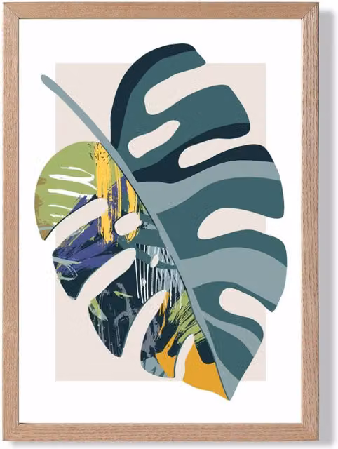 ARTZE Monstera Mid Century Modern Botanical Framed Print in Teal, Green and Purple with Oak Wood Frame, A2 – 1