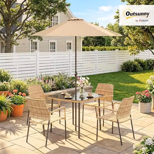 Outsunny 4 Seater Rattan Dining Set with Glass Top Table and Chairs in Brown – 2