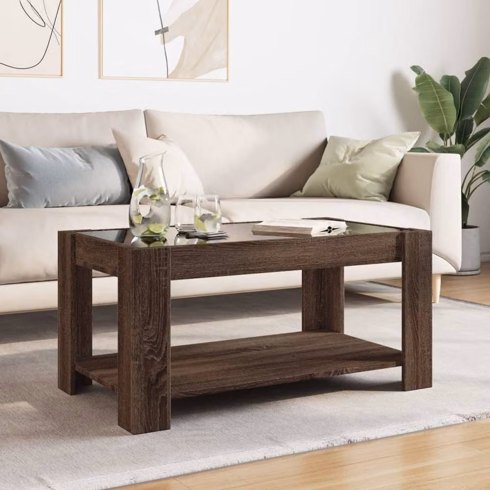 Berkfield Home Modern LED Coffee Table in Brown Oak, W/D/H: 93 x 53 x 45 cm – 1