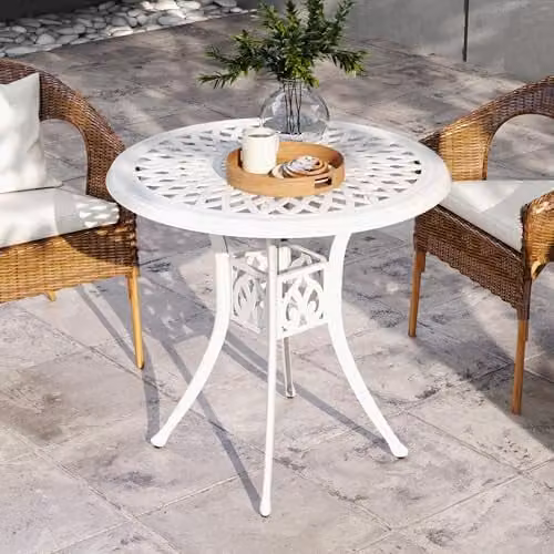 Outsunny Round Garden Dining Table with Parasol Hole, White, W: 78 cm, D: 78 cm, H: 74 cm – 4