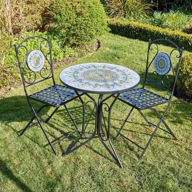 Home Source Bistro Table and 2 Chairs Set with Blue Floral Mosaic Design in Black