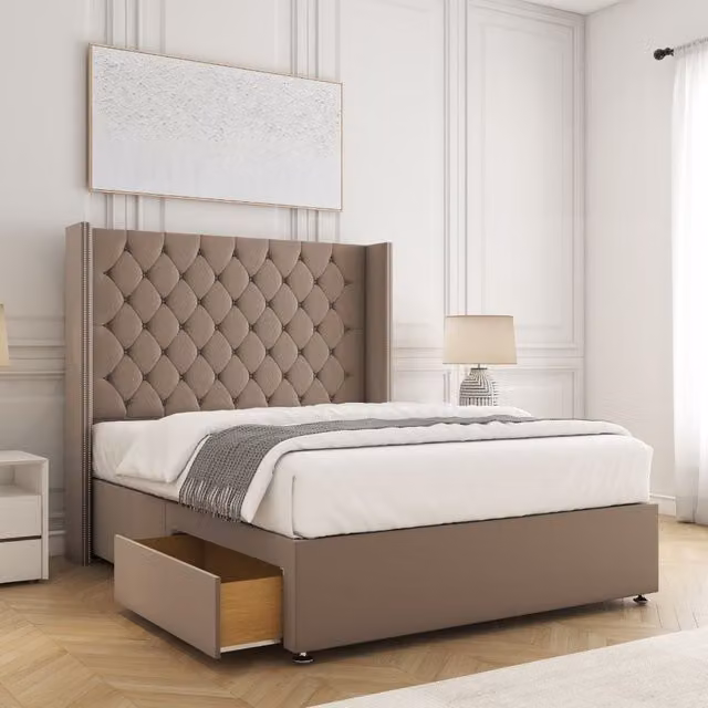 BSSPOKE Olivia Plush Double Divan Bed in Bronze with 54 inch Headboard and 2 Drawers