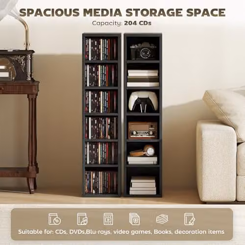 HOMCOM Set of 2 Black CD and DVD Storage Tower Racks with Adjustable Shelves – 4