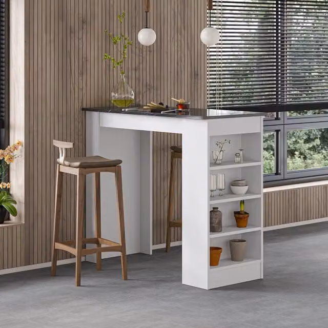 Decortie Modern Rectangular Kitchen Bar Dining Table with 4-Tier Storage in Black Marble Effect