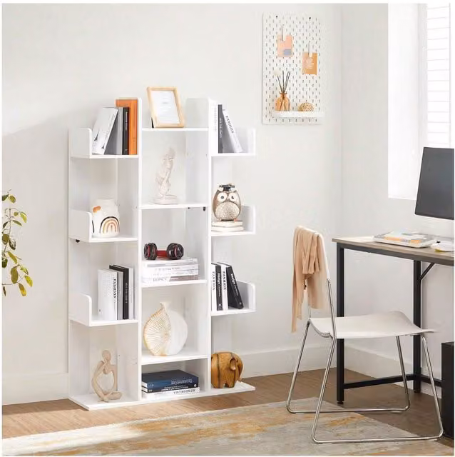 VASAGLE Modern Tree-Shaped Freestanding Bookcase with 13 Shelves in White