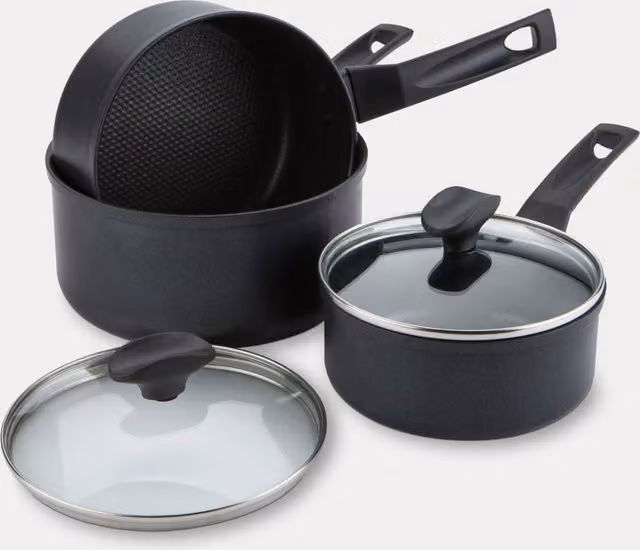 Prestige Tougher Non Stick Aluminium Saucepan Set with Lids, Black, Set of 3