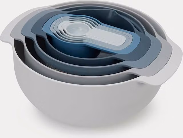 Joseph Joseph 9pc Nesting Mixing Bowl Set in Blue with Pouring Spouts