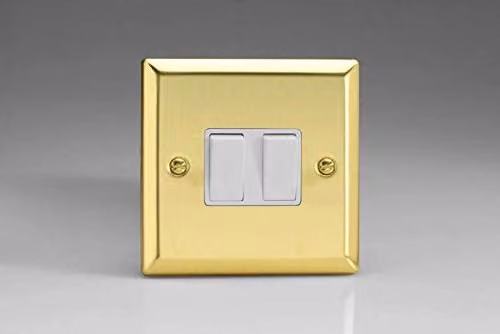 Varilight 2-Gang Victorian Brass Rocker Switch in White and Yellow – 1