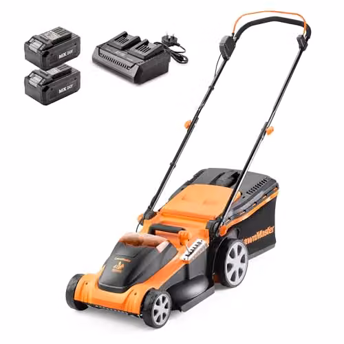LawnMaster MX 24V Orange Cordless Lawnmower with 41cm Cutting Width, Spare Battery, Collection Bag and Mulching Kit – 1