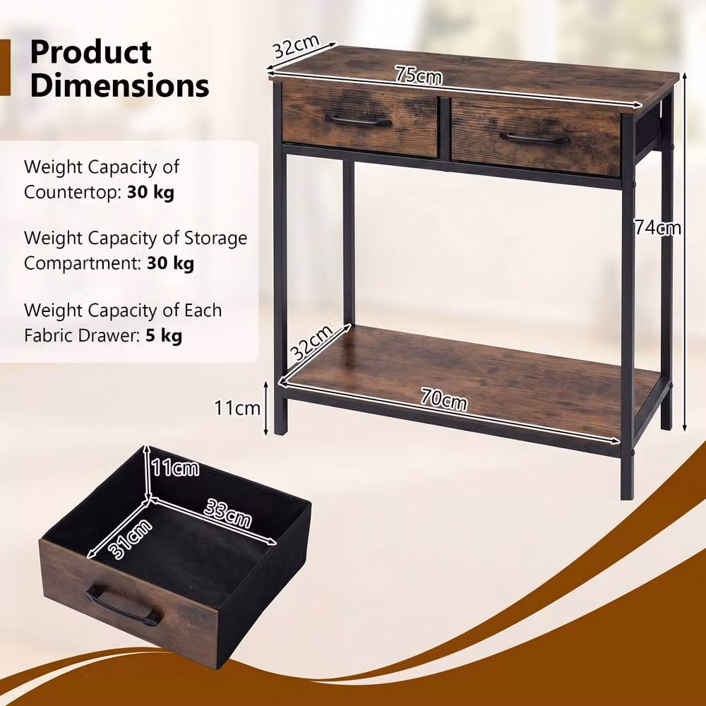 Gymax Brown Industrial Console Table with 2 Fabric Drawers – 2