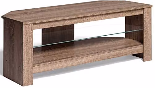 AVF Calibre Rustic Sawn Oak Effect Wood Corner TV Stand in Brown with Glass Shelf and Cable Management, Width: 115 cm