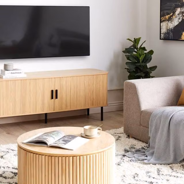 Wyld and Coco 70-inch Retro TV Stand with Sliding Doors and Pine Handles in Brown and Black – 1