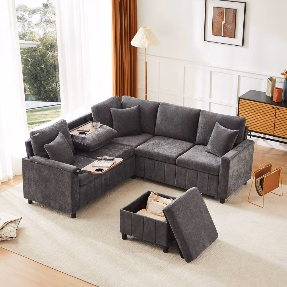 Merax Reversible L-Shape Chenille Corner Sofa Bed in Grey with Storage Ottoman and USB Charging – 3