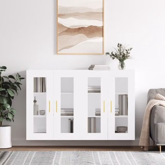 Berkfield Home Set of 2 White Wall Mounted Cabinets with Glass Doors and Internal Shelves