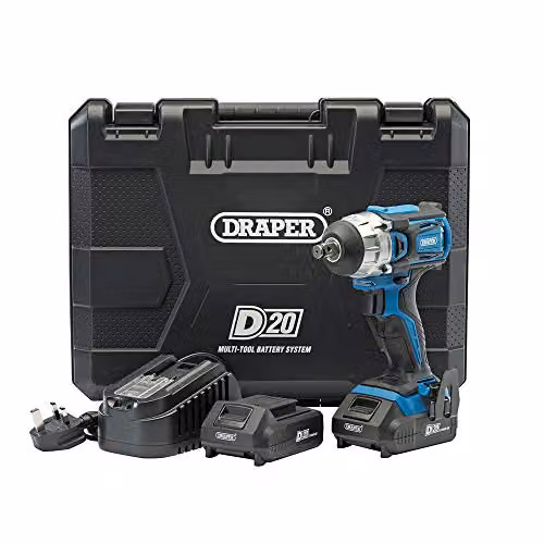 Draper 55343 D20 20V Brushless 1/2 inch Mid-Torque Impact Wrench in Blue with 2x Rechargeable Batteries – 1