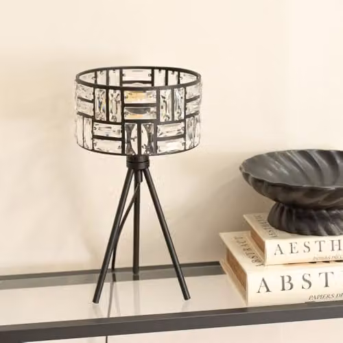 ValueLights Black Tripod Table Lamp with Transparent Acrylic Jewel Drum Lampshade and Included LED Bulb – 2