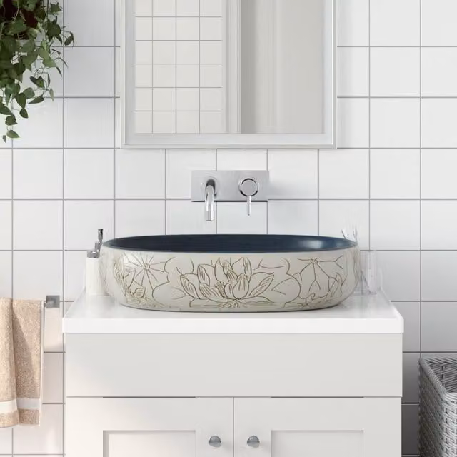 Berkfield Home Oval Ceramic Countertop Basin in Sand and Blue, W: 59 cm, D: 40 cm, H: 14 cm – 1