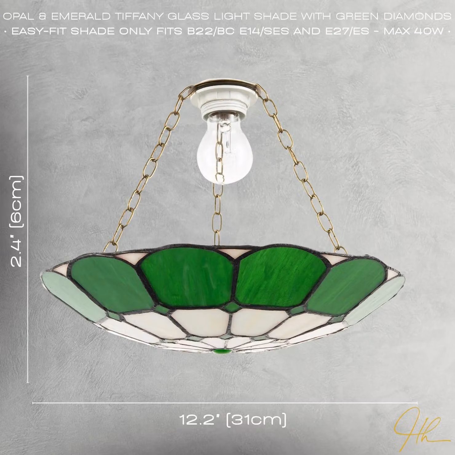 Happy Homewares Art Nouveau Tiffany Style Glass Pendant Lighting Shade in Dark Emerald Green and Opal White – 3