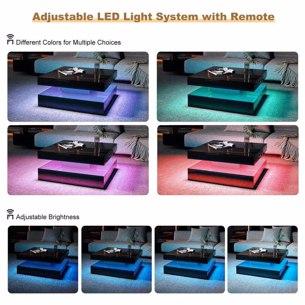 KEEPREAPER Modern Square Coffee Table with Storage and LED Light in Black, W/D/H: 78 x 40 x 78 cm – 3