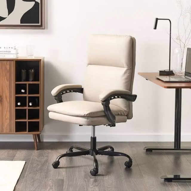 Wyld and Coco Executive Office Chair in Beige Faux Leather with Headrest and Armrests