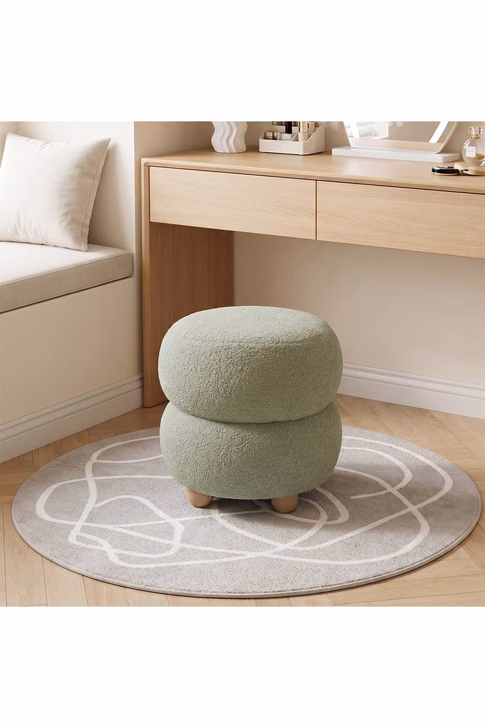 Living and Home Round Bouclé Upholstered Footstool in Green, Diameter: 39 cm – 2