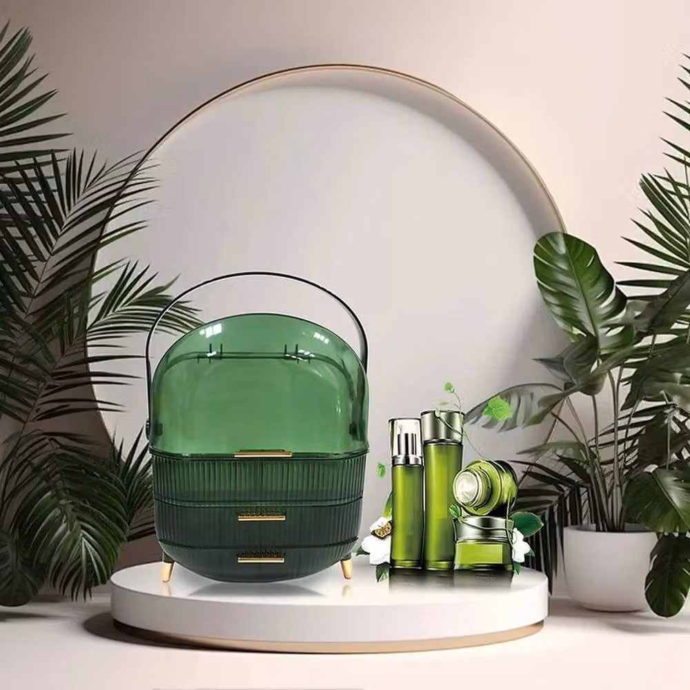VOGREX Portable Compact Makeup Storage Box in Green and Gold with Lid and Handles – 3