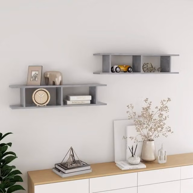 Berkfield Home Wall Mounted Cube Shelves, 2 Pack, Concrete Grey, W/D/H: 90 x 18 x 20 cm