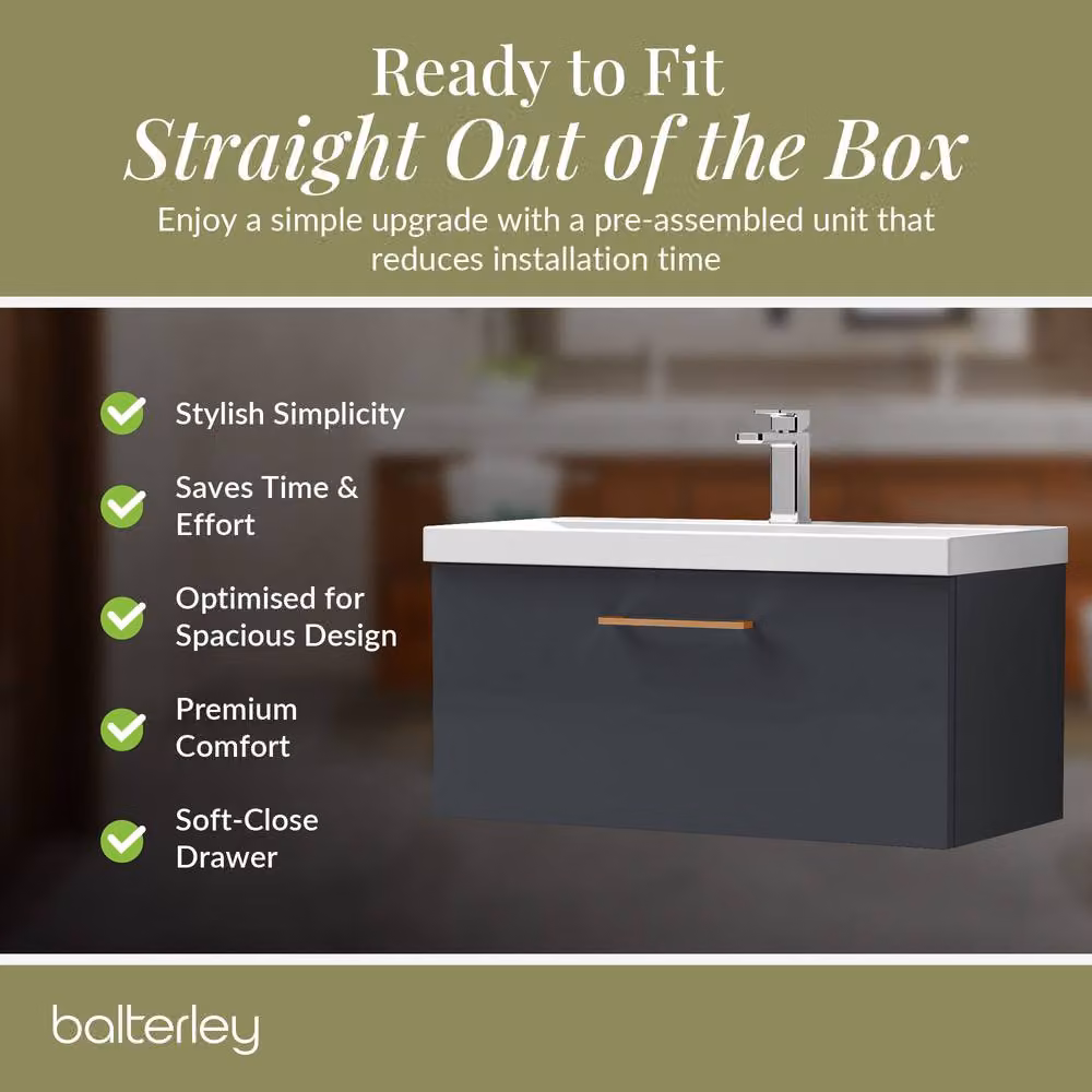 Balterley 800mm Wall Hung 1 Drawer Vanity Basin Unit in Dark Grey with Copper Handle – 4