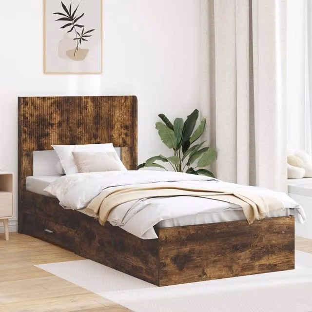 Berkfield Home Modern Bed Frame with Storage Drawers and Headboard in Smoked Oak Brown, 90 x 190 cm