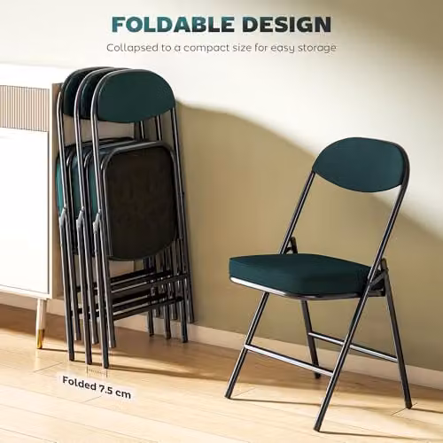 HOMCOM Set of 4 Stackable Folding Chairs with Padded Fabric Seats and Metal Frame in Petrol Blue – 4