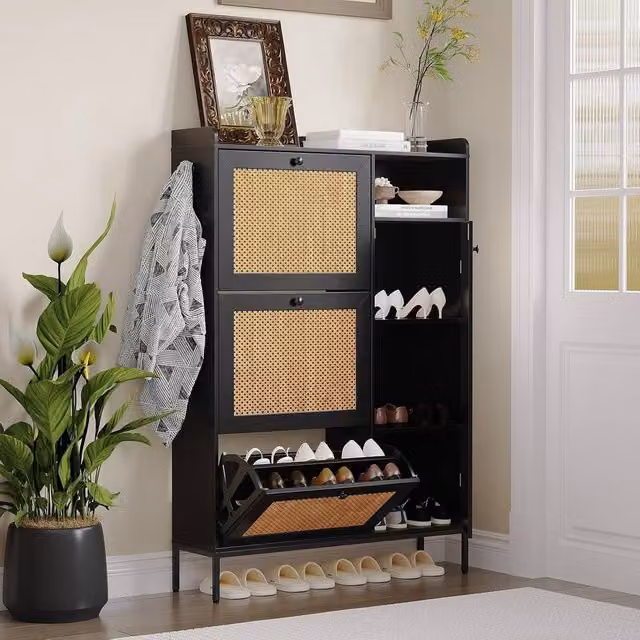 London Boutique Modern Black Shoe Cabinet with 3 Tilting Compartments and Open Shelf for Hallway or Bedroom Storage
