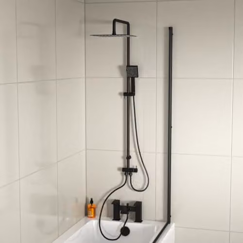 Nes Home Square Shower Riser Rail Kit with Mixer Tap and Handset in Matte Black – 1