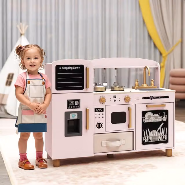 COSTWAY Kids Wooden Play Kitchen in Pink