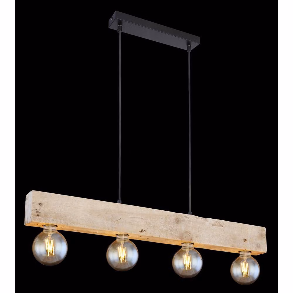 Netlighting Adalie Bar Pendant Ceiling Light in Black and Wood with 4x E27 Sockets, W/D/H: 120 x 24 x 60 cm – 2