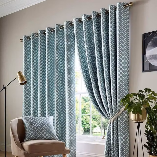 Alan Symonds Modern Graphic Eyelet Curtains in Petrol, White and Blue, Height: 183 cm