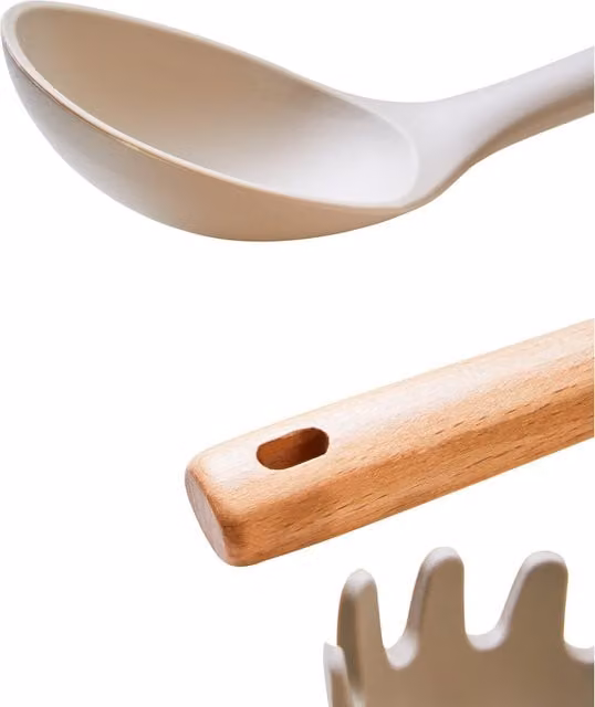 Orsina 3-Piece Kitchen Tool Set in Grey and White with Heat-Resistant Silicone and Wood Cooking Spoons