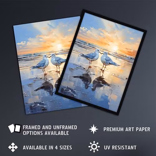 Artery8 Seagull Bird Couple Beach Sunset Coastal Landscape Unframed Paper Poster Wall Art Print – 2