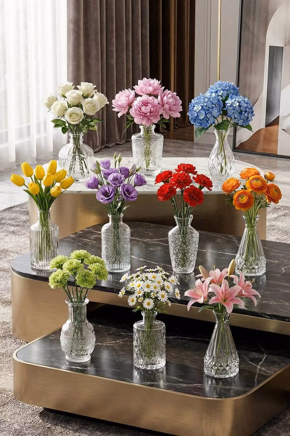 Living and Home Pack of 10 Small Vintage Geometric Glass Bud Vases in Transparent – 1