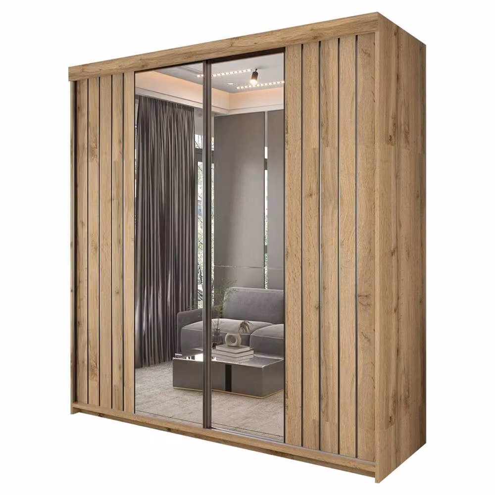 Sliding Wardrobes 4U Monali Mirror Sliding Wardrobe with Internal Drawers and Shelves, Light Brown, W: 150 cm, H: 217 cm, D: 62 cm – 2