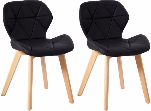 VOGREX Set of 2 Diamond Dining Chairs in Black Synthetic Leather with Beech Wood Legs