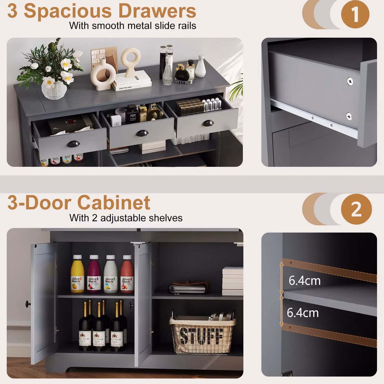Gymax Modern Buffet Sideboard and Bar Station in Grey with 3 Drawers and 3 Doors, W: 136 cm, H: 86 cm – 3