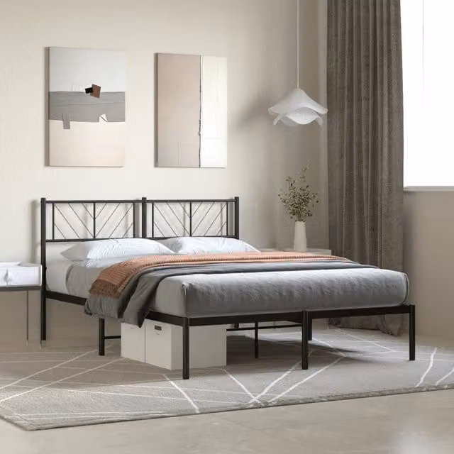 Berkfield Home Metal Bed Frame with Headboard in Black, W/D/H: 160 x 200 cm