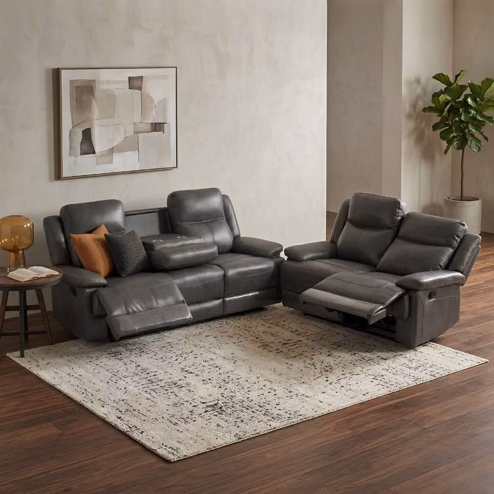 HOME LUXE INTERIOR Casper Grey Leather and Fabric 3 and 2 Seater Manual Recliner Sofa Set – 2