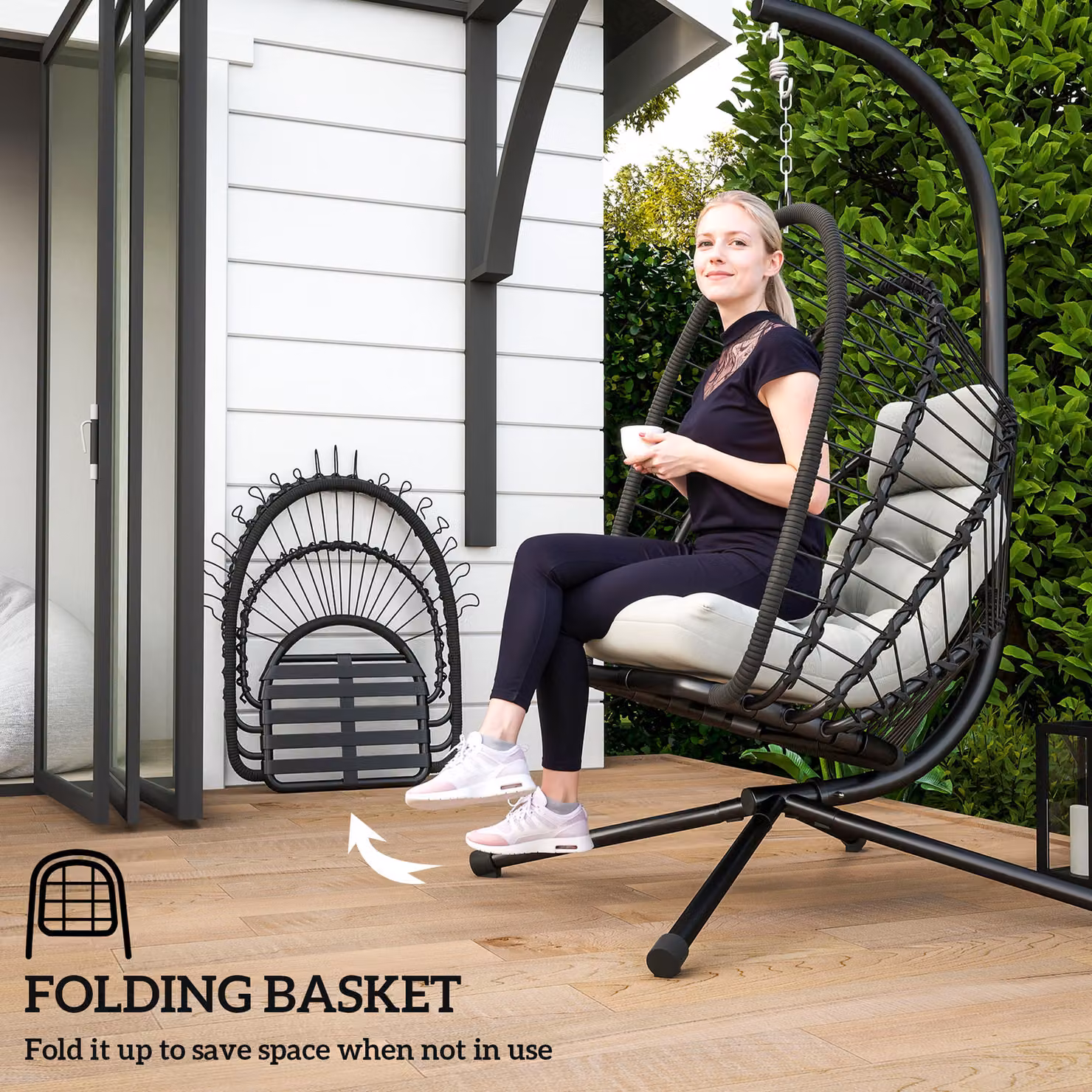 Outsunny Black PE Rattan Egg Swing Chair with Metal Stand, Cushions and Adjustable Headrest for Indoor and Outdoor Use – 5