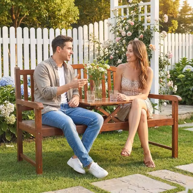 Outsunny Rustic Wood Garden Loveseat Bench with Liftable Table in Light Brown
