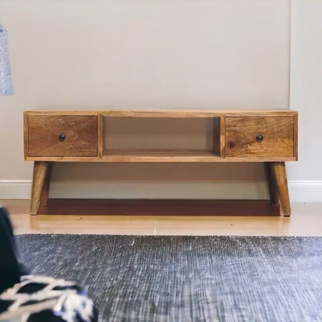 STILVORA Rectangular Mango Wood Coffee Table with 2 Drawers in Light Brown and Light Bronze