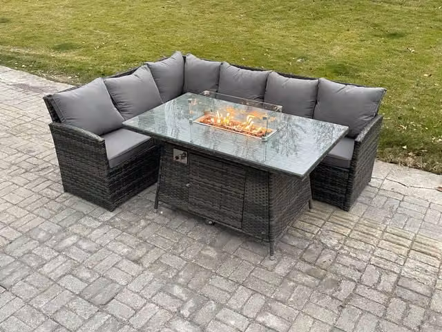 Fimous Rattan Garden Furniture Set with High Back Corner Sofa and Gas Fire Pit Dining Table in Dark Grey, 6 Seater